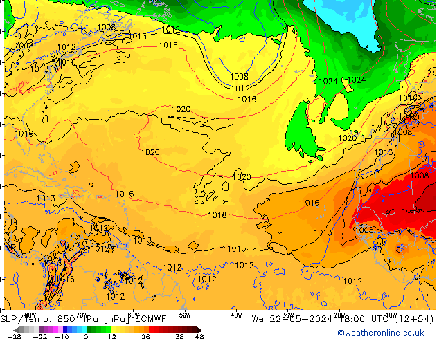 850 hPa Yer Bas./Sıc ECMWF Çar 22.05.2024 18 UTC