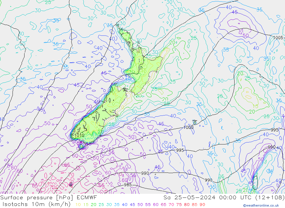 Isotachs (kph) ECMWF Sa 25.05.2024 00 UTC