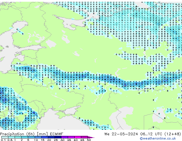 Precipitation (6h) ECMWF We 22.05.2024 12 UTC