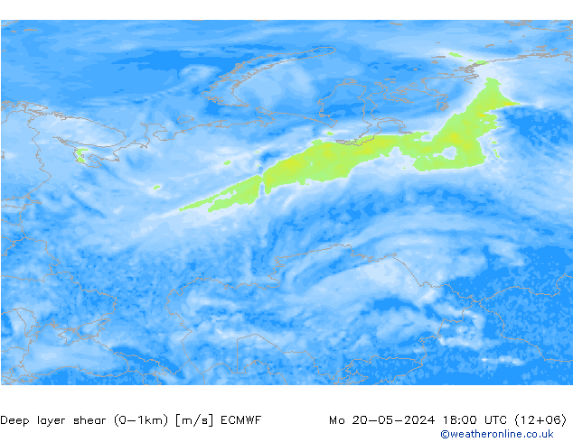 Deep layer shear (0-1km) ECMWF Mo 20.05.2024 18 UTC