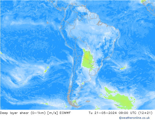 Deep layer shear (0-1km) ECMWF Tu 21.05.2024 09 UTC