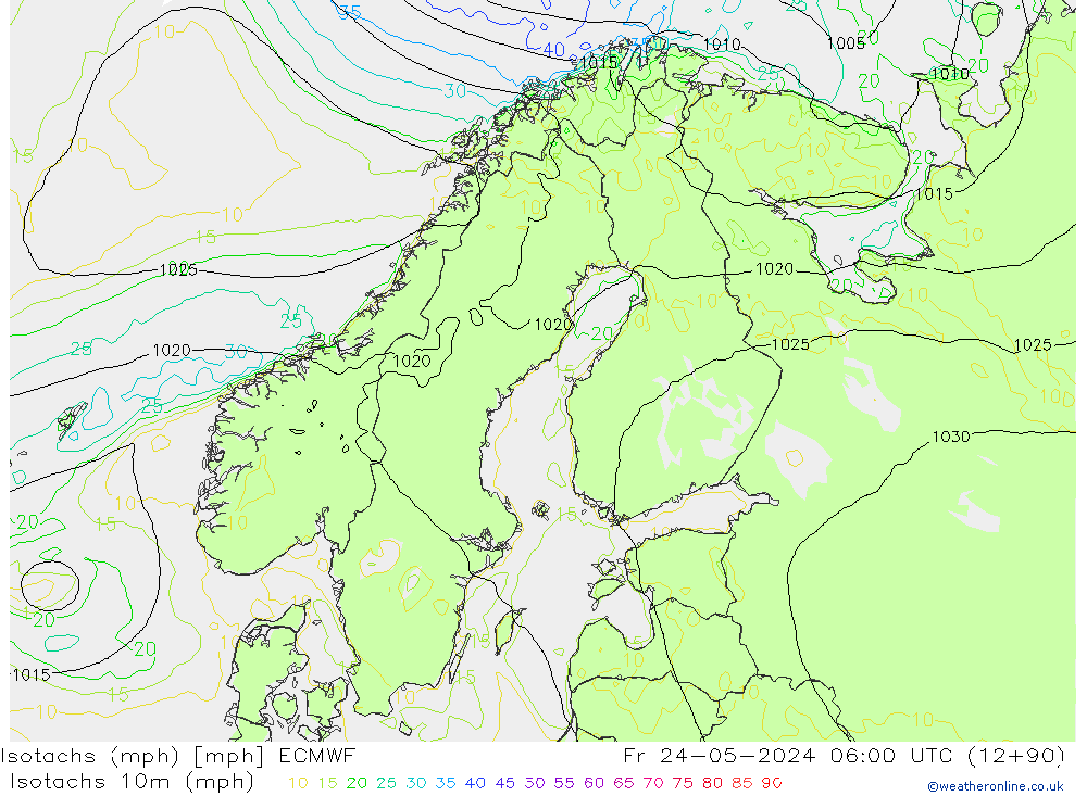 Isotachen (mph) ECMWF Fr 24.05.2024 06 UTC