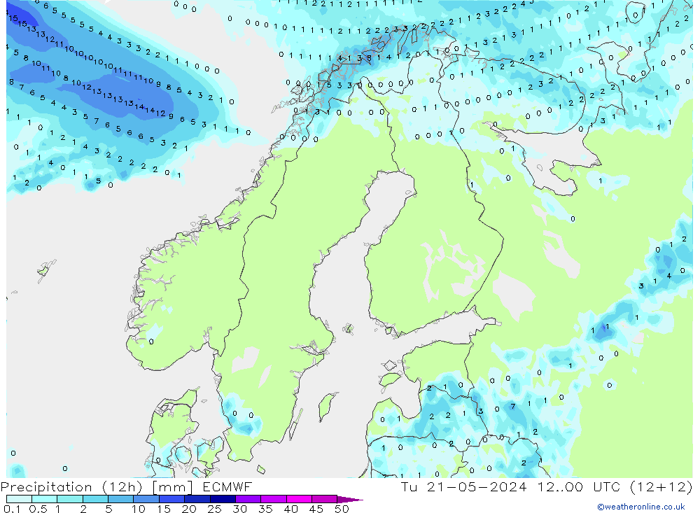 Precipitation (12h) ECMWF Tu 21.05.2024 00 UTC