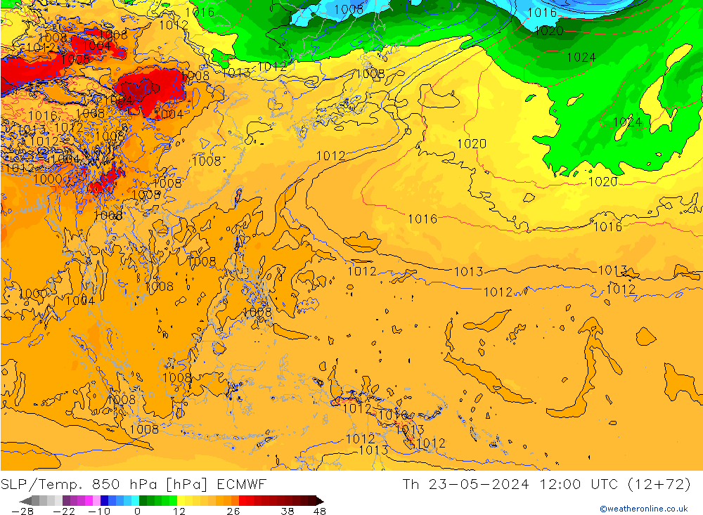 SLP/Temp. 850 hPa ECMWF Čt 23.05.2024 12 UTC