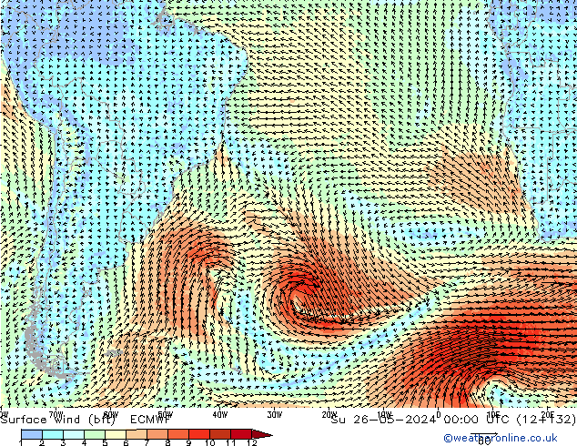 Vent 10 m (bft) ECMWF dim 26.05.2024 00 UTC