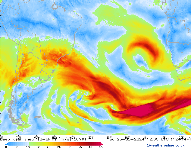 Deep layer shear (0-6km) ECMWF Dom 26.05.2024 12 UTC