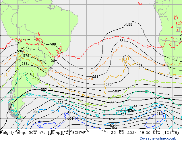 Z500/Rain (+SLP)/Z850 ECMWF Čt 23.05.2024 18 UTC