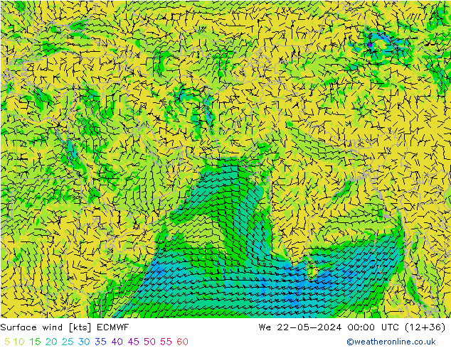 Prec 6h/Wind 10m/950 ECMWF mer 22.05.2024 00 UTC