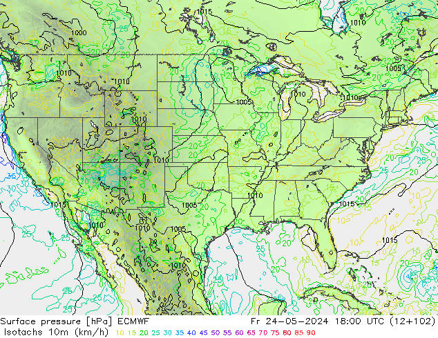 Izotacha (km/godz) ECMWF pt. 24.05.2024 18 UTC