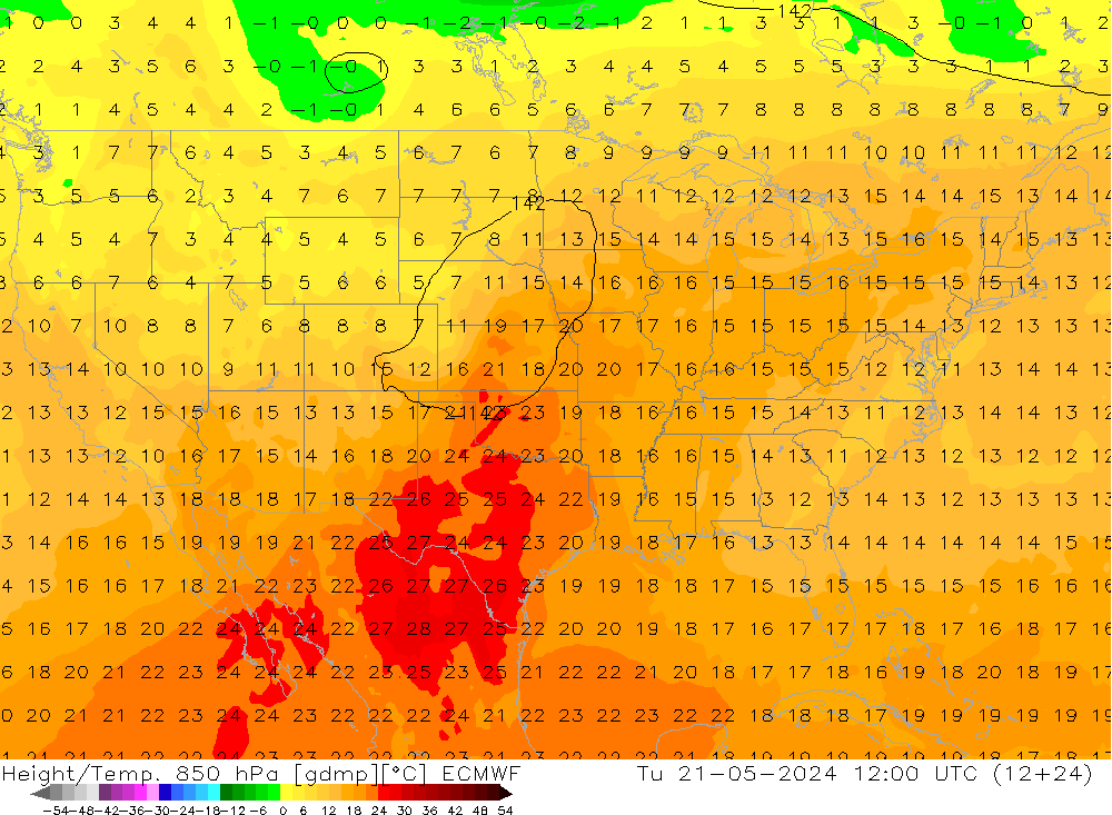 Height/Temp. 850 hPa ECMWF Tu 21.05.2024 12 UTC