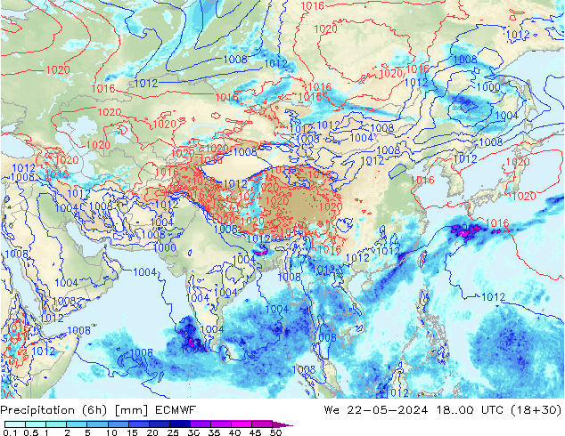 Precipitação (6h) ECMWF Qua 22.05.2024 00 UTC