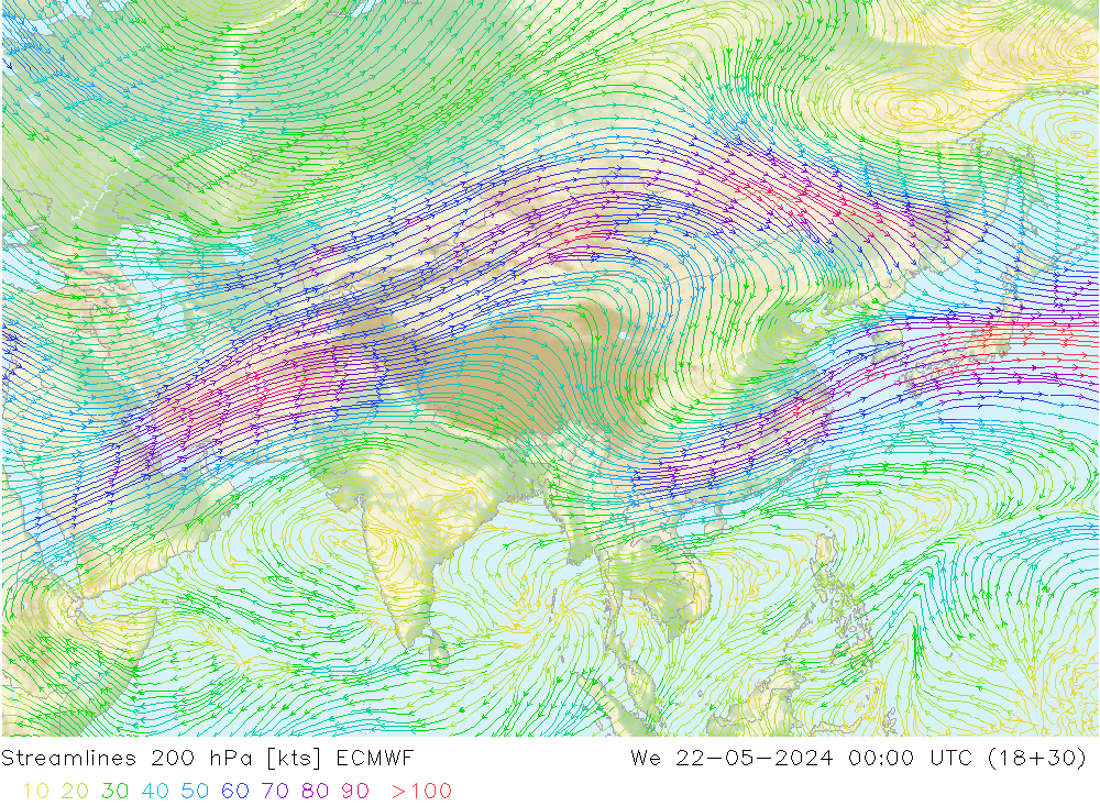 Stroomlijn 200 hPa ECMWF wo 22.05.2024 00 UTC