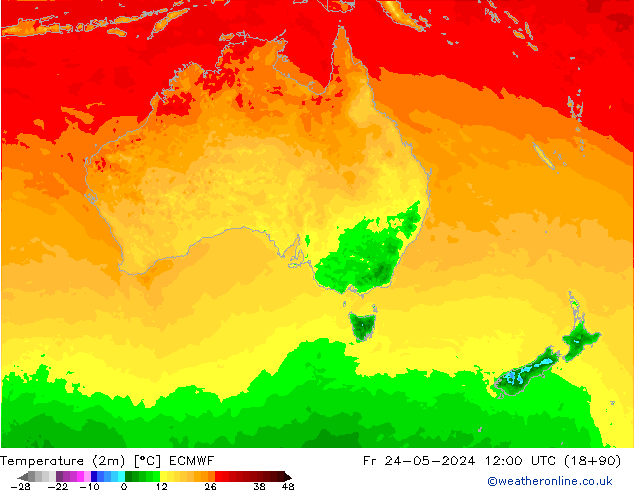 Temperatuurkaart (2m) ECMWF vr 24.05.2024 12 UTC