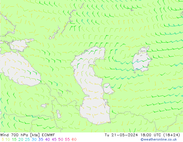 ветер 700 гПа ECMWF вт 21.05.2024 18 UTC