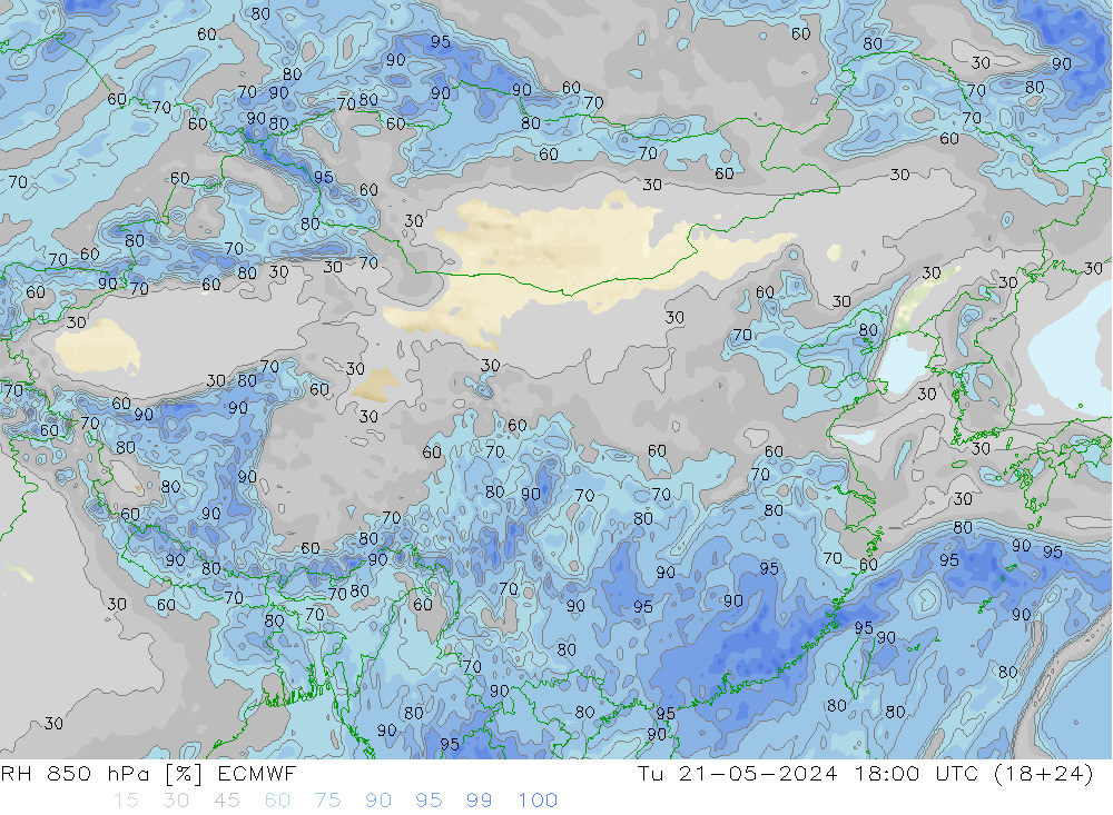 RH 850 hPa ECMWF 星期二 21.05.2024 18 UTC