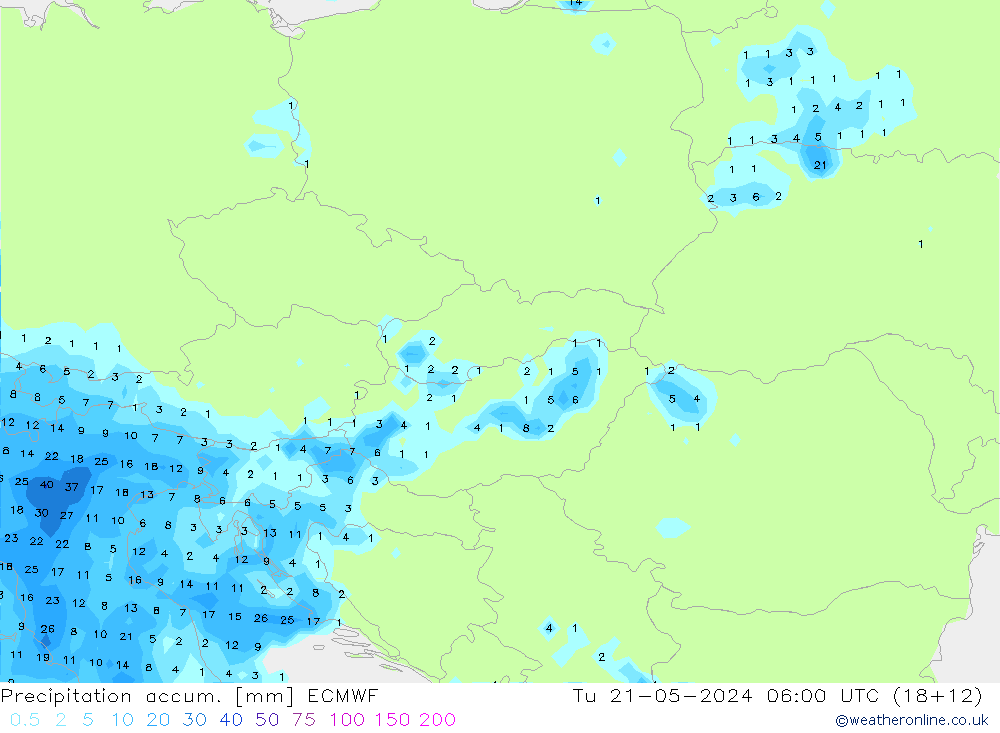 Precipitation accum. ECMWF Út 21.05.2024 06 UTC