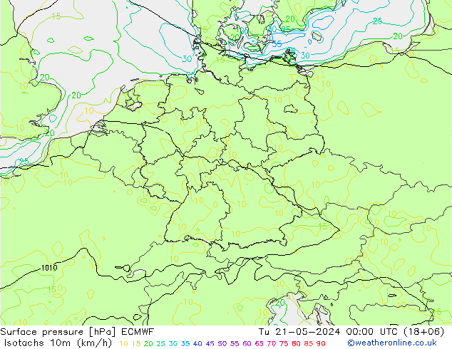 10米等风速线 (kph) ECMWF 星期二 21.05.2024 00 UTC