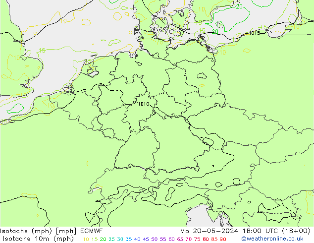 Isotachs (mph) ECMWF 星期一 20.05.2024 18 UTC