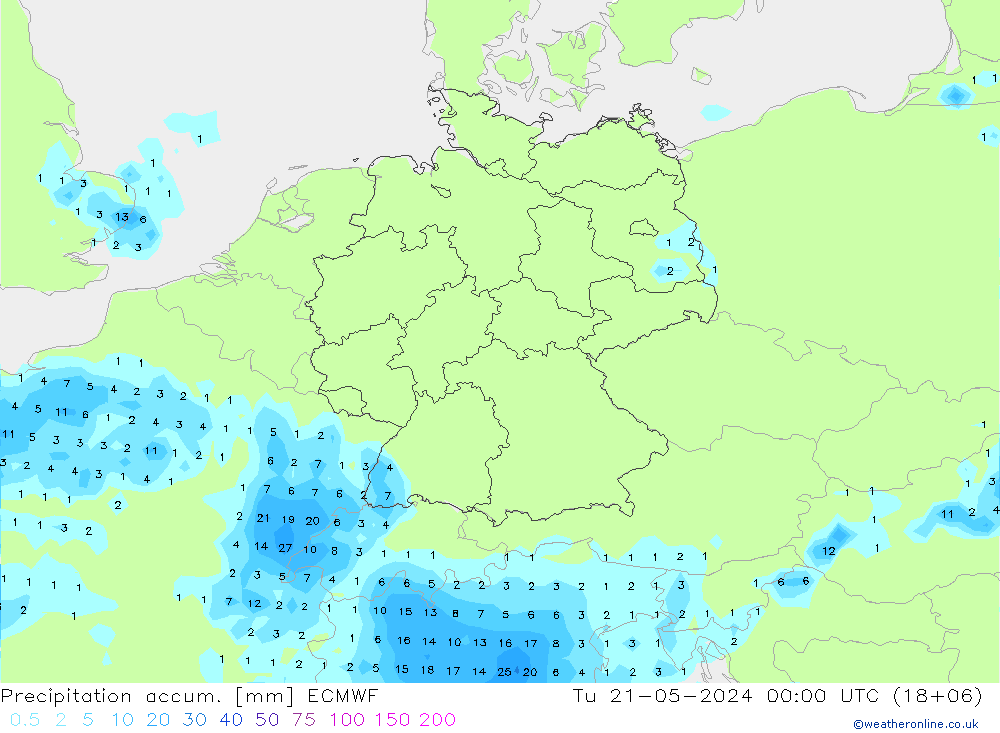 Precipitation accum. ECMWF 星期二 21.05.2024 00 UTC