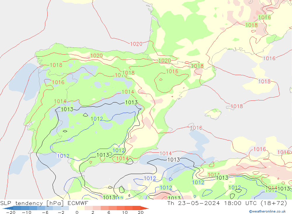SLP tendency ECMWF Čt 23.05.2024 18 UTC