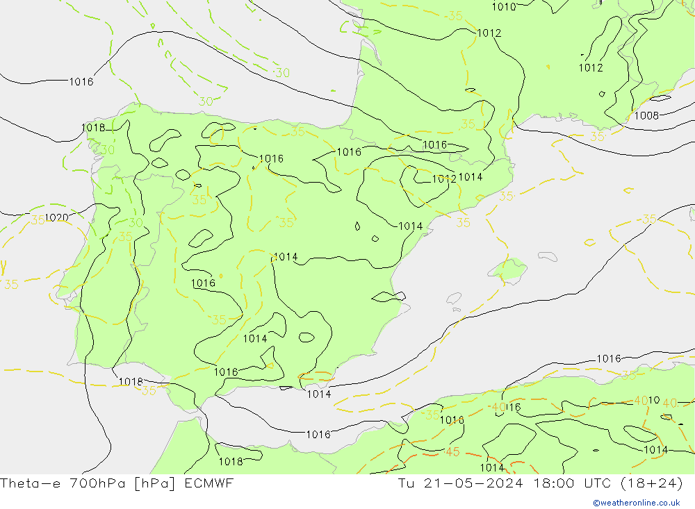 Theta-e 700hPa ECMWF Út 21.05.2024 18 UTC
