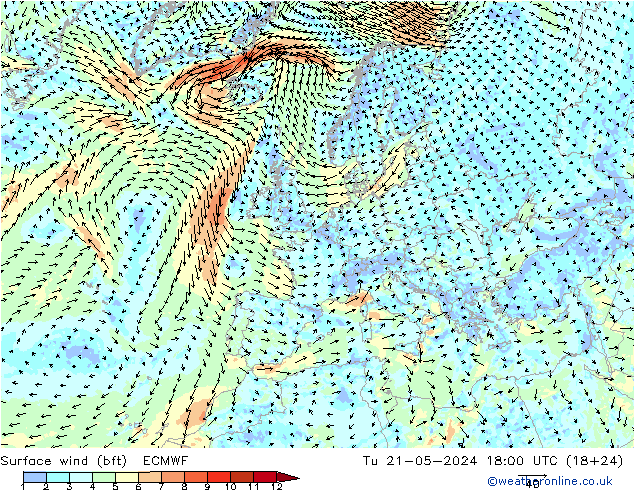 Rüzgar 10 m (bft) ECMWF Sa 21.05.2024 18 UTC