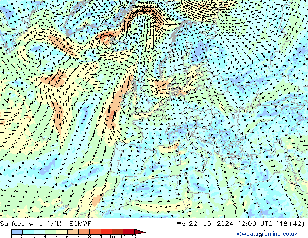 Bodenwind (bft) ECMWF Mi 22.05.2024 12 UTC