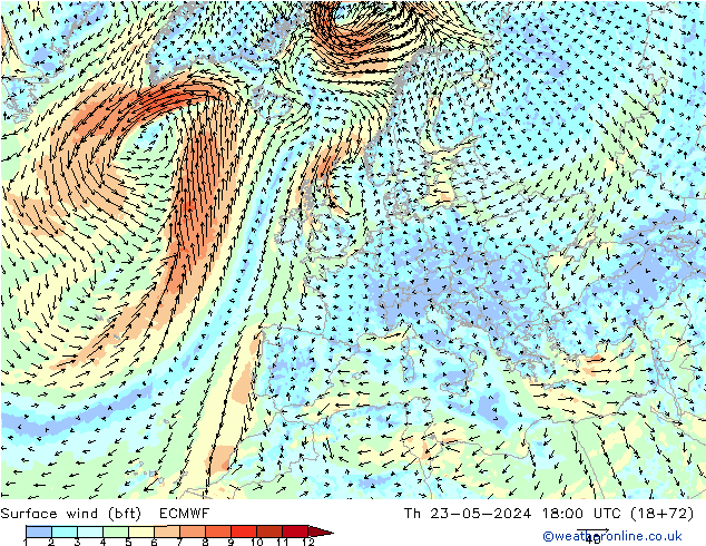 Surface wind (bft) ECMWF Th 23.05.2024 18 UTC