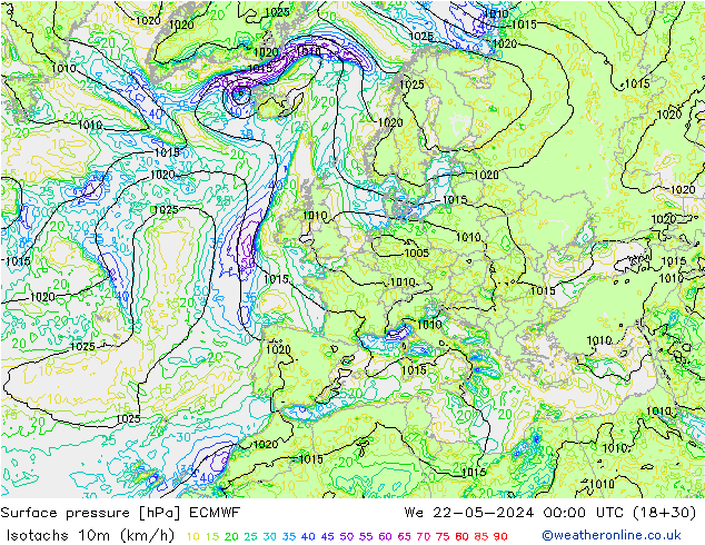 Isotachen (km/h) ECMWF wo 22.05.2024 00 UTC