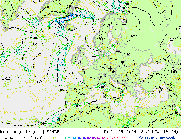 Isotachs (mph) ECMWF вт 21.05.2024 18 UTC