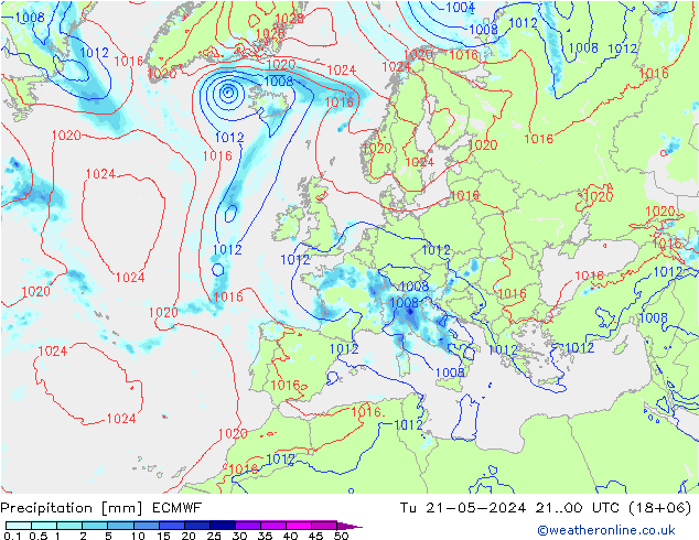 Precipitation ECMWF Tu 21.05.2024 00 UTC