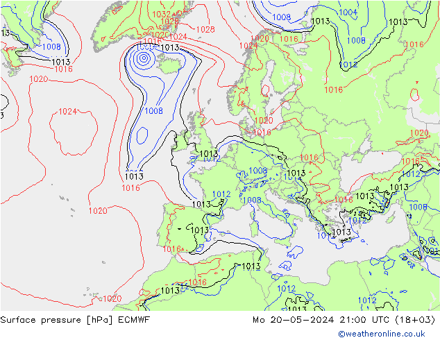 Presión superficial ECMWF lun 20.05.2024 21 UTC