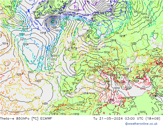 Theta-e 850hPa ECMWF Di 21.05.2024 03 UTC