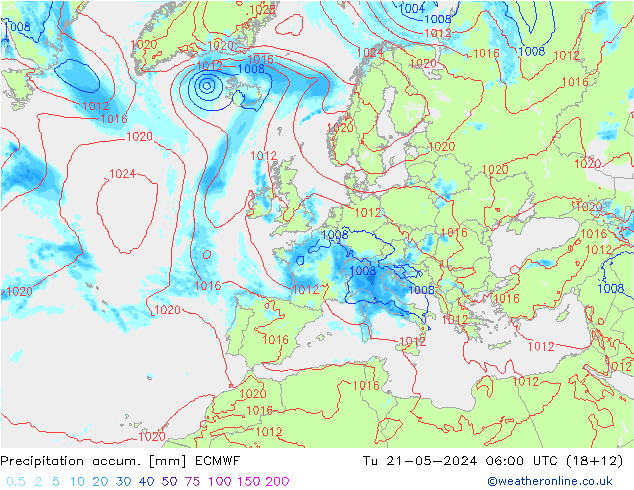 Precipitation accum. ECMWF Út 21.05.2024 06 UTC