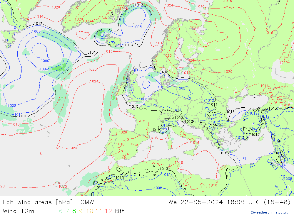 yüksek rüzgarlı alanlar ECMWF Çar 22.05.2024 18 UTC