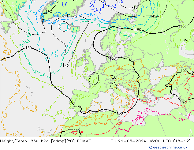Géop./Temp. 850 hPa ECMWF mar 21.05.2024 06 UTC