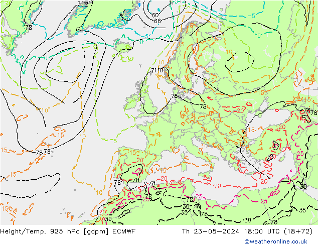 Yükseklik/Sıc. 925 hPa ECMWF Per 23.05.2024 18 UTC