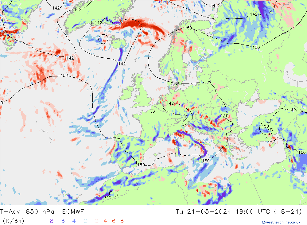 T-Adv. 850 hPa ECMWF Di 21.05.2024 18 UTC