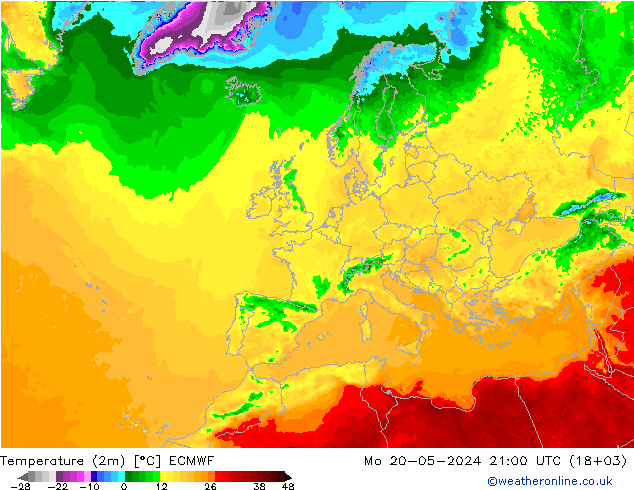 карта температуры ECMWF пн 20.05.2024 21 UTC