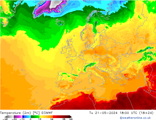 Temperatura (2m) ECMWF Ter 21.05.2024 18 UTC