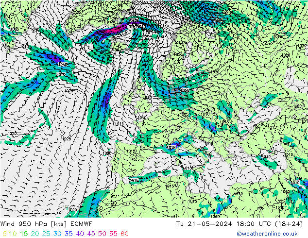 Wind 950 hPa ECMWF Tu 21.05.2024 18 UTC