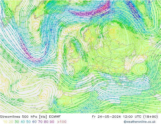 Rüzgar 500 hPa ECMWF Cu 24.05.2024 12 UTC