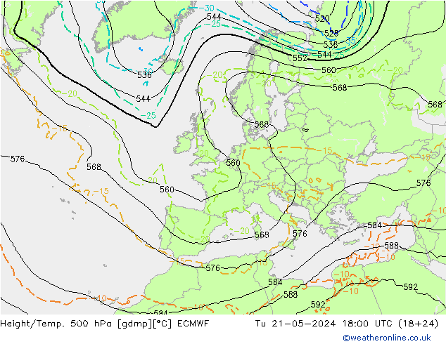 Z500/Rain (+SLP)/Z850 ECMWF  21.05.2024 18 UTC