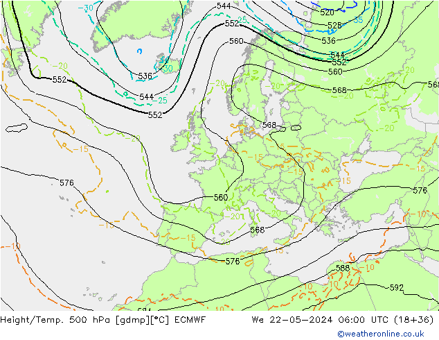 Z500/Rain (+SLP)/Z850 ECMWF Mi 22.05.2024 06 UTC
