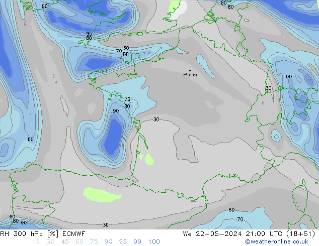 RH 300 hPa ECMWF We 22.05.2024 21 UTC