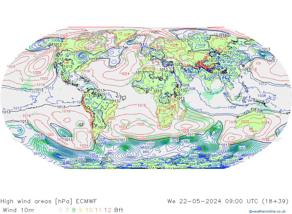 High wind areas ECMWF  22.05.2024 09 UTC