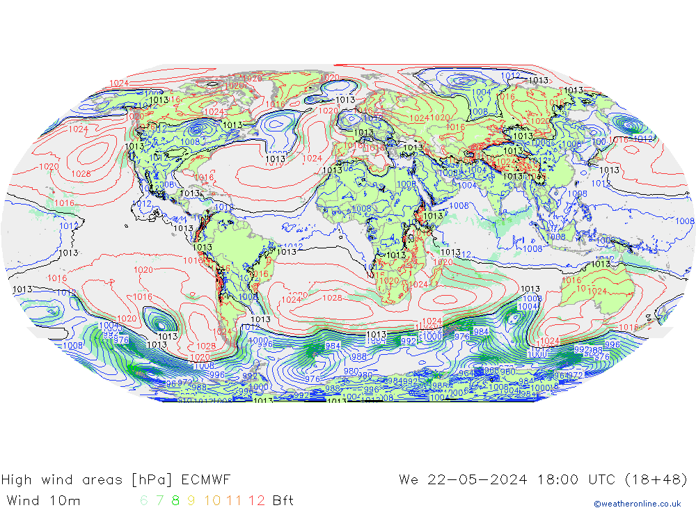 High wind areas ECMWF Qua 22.05.2024 18 UTC
