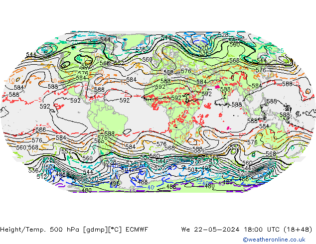 Height/Temp. 500 hPa ECMWF Qua 22.05.2024 18 UTC