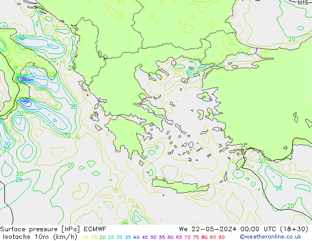 Isotachs (kph) ECMWF  22.05.2024 00 UTC