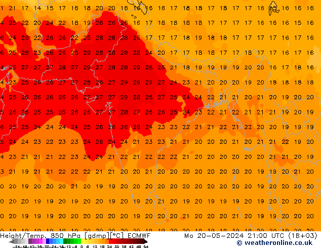 Height/Temp. 850 hPa ECMWF Mo 20.05.2024 21 UTC